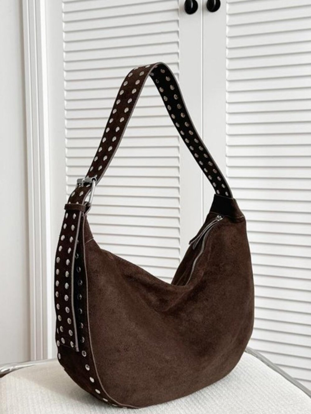 Women's Suede Studded Hobo Shoulder Bag | Y2K Crescent Purse | New